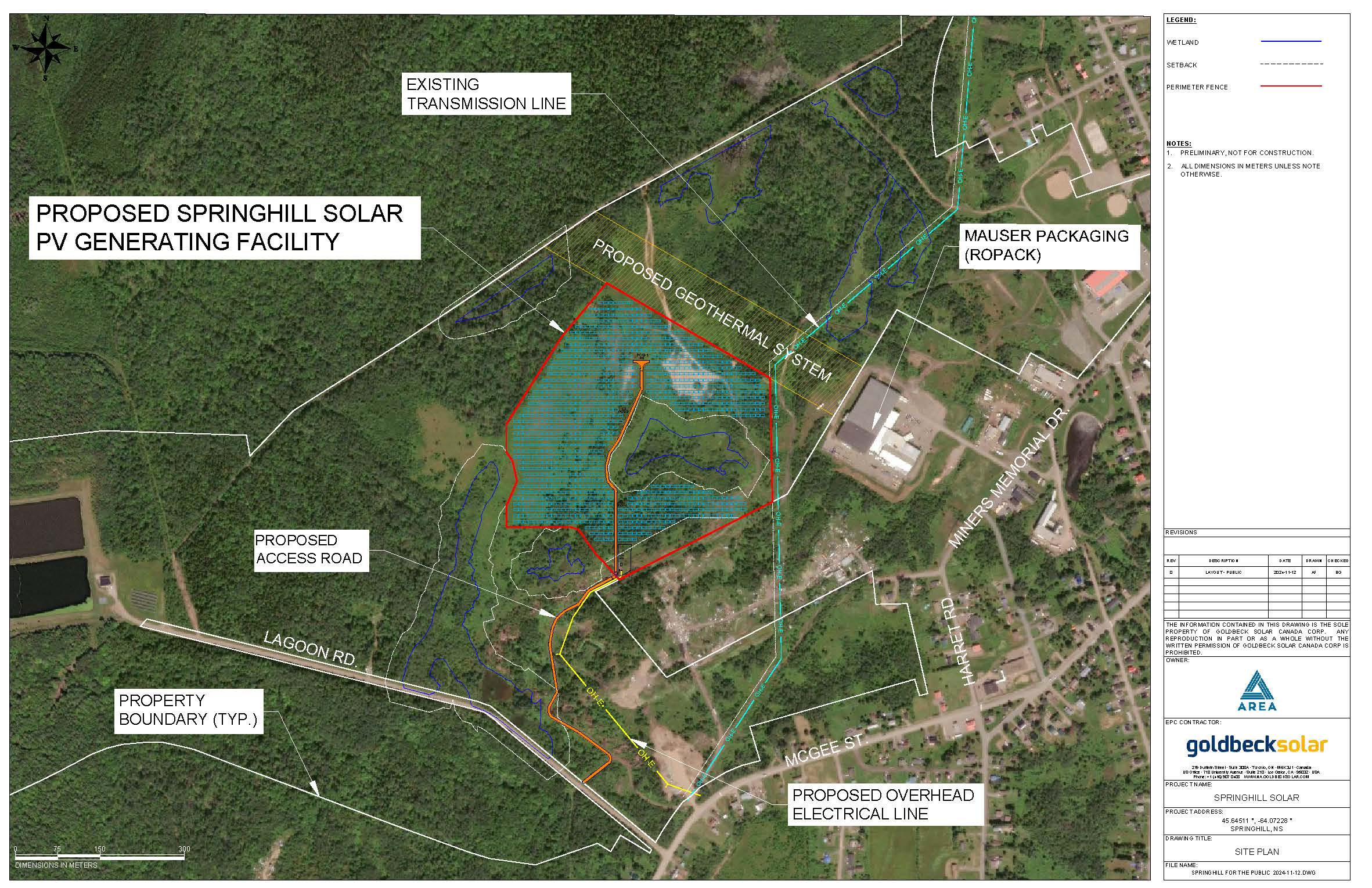 A map showing the location of the proposed Springhill Solar Project. This is the indicative design, subject to Geotech and wetland investigation and other site considerations.